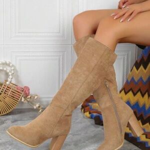 Tan Suede Heeled Boots with Slouchy Design